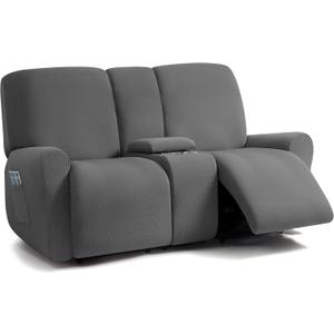 ULTICOR Jacquard Design Reclining Loveseat with Middle Console Slipcover, 8-Piece Stretch Sofa Covers, 2 seat Loveseat Recliner Cover, Washable (Dark Grey, Loveseat with Console Recliner Cover)