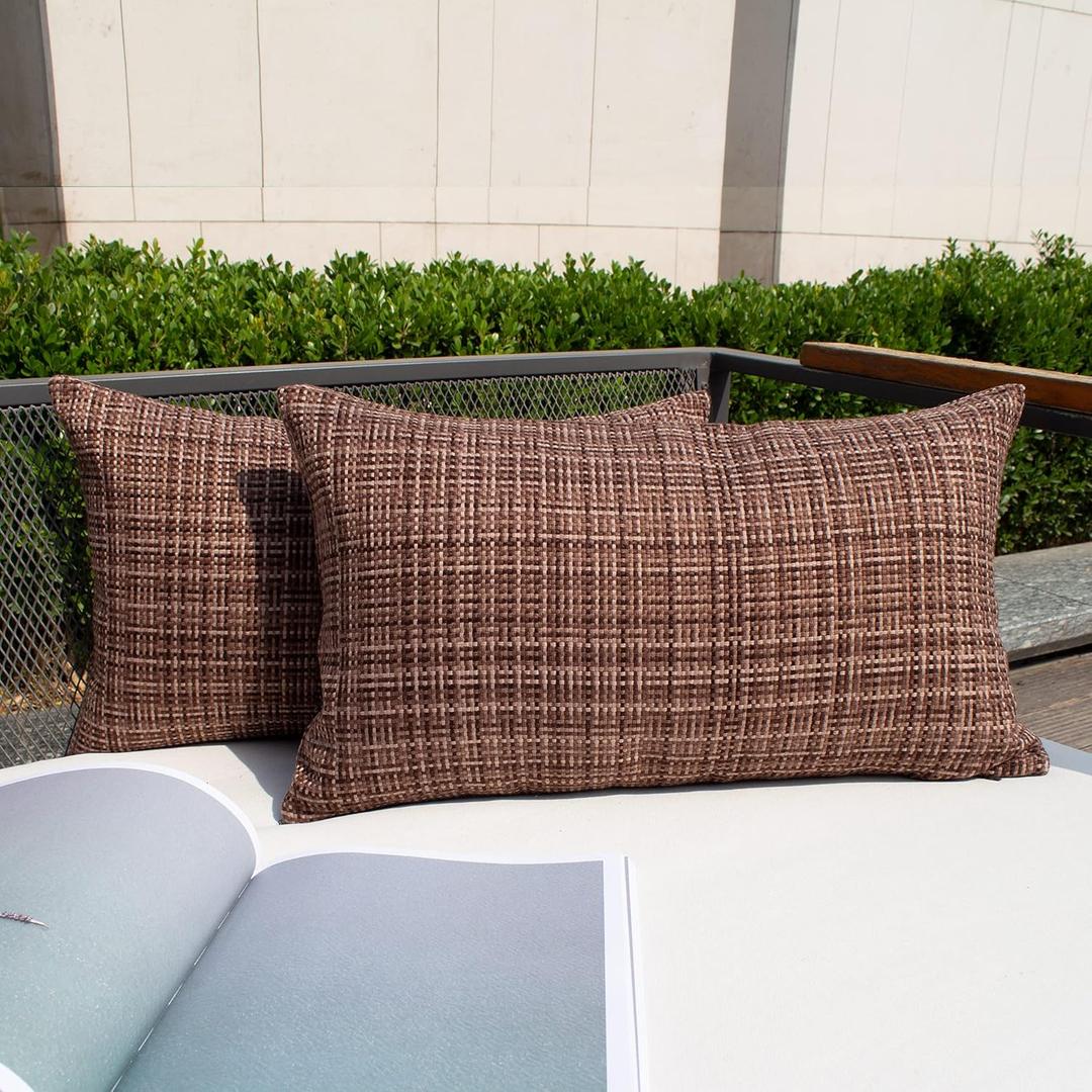 Kevin Textile Outdoor Waterproof Throw Pillow Covers 12x24 Inch Pack of 2 Woven Faux Linen Farmhouse Decorative Water Resistant Lumbar Cushion Covers for Tent Patio Garden Couch Sofa Brown