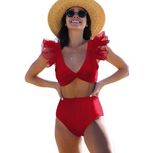 Women High Waisted Swimsuit Pleated Lace Ruffle Bikini Padded Swimwear (Large, Red)