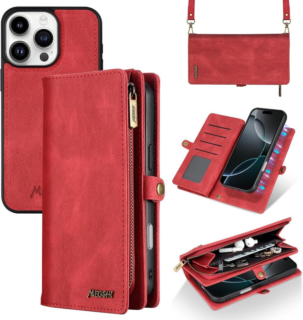 for iPhone 16 Pro Max Wallet Case,Fashionable Faux Leather Wallet Handbag Phone Case,Stylish Crossbody Protection with Card Slots & Anti-Slip Design(Red)