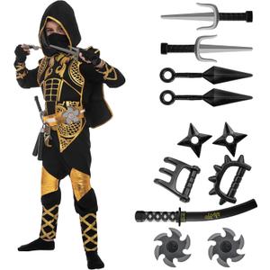 Spooktacular Creations Golden Ninja Costume Set, Ninja Jumpsuit with Foam Accessories for Kids, Toddler Halloween Outfit for Ideas Cosplay Party (Medium, 8-10 yrs)