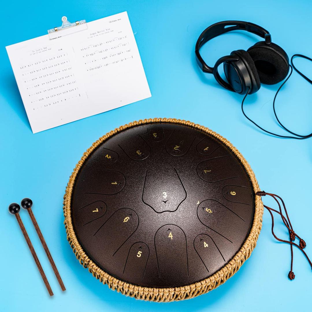 Steel Tongue Drum- ChunFeng 14 Inch 15 Notes -Steel Drums For Adults-Hand Pan Drums With Music Book,Handpan Tongue Drum Mallets and Carry Bag,C Major(Bronze)