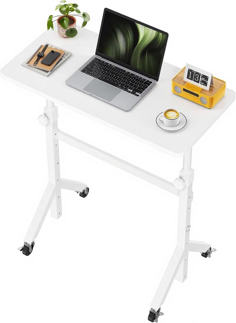 Marsail Mobile Stand Up Desk with Wheels, Adjustable Height Desk from 28.3″ to 46.5″, Rolling Standing Desk with Lockable Wheels, Portable Small Desk for Walking Pad and Treadmill, White, 31.5" x 15.7"