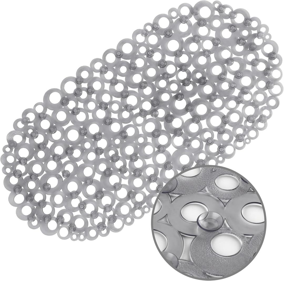 WELTRXE Oval Bathtub Mat Non Slip, Grey Bubbles Bath Mats for Tub, Shower Mat with Drain Holes, Suction Cups, Machine Washable Bath Tub Mat, BPA, Latex, Phthalate Free for Bathroom, 27 x 14 Inch (Bubbles-clear Gray)