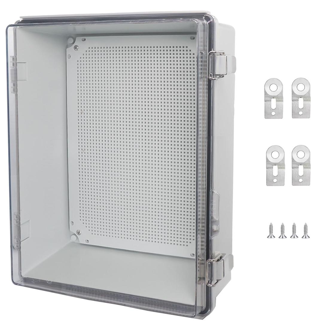 Waterproof Junction Box, ABS Plastic Electrical Box with Stainless Steel Latch, Hinged Cover Electric Project Enclosure Box with Mounting Plate, Wall Brackets,Clear 15.7"x11.8"x7.1