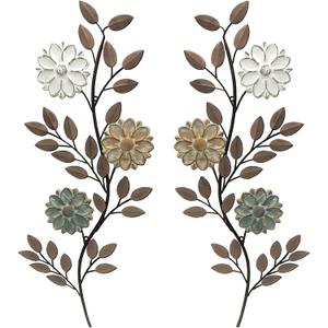 MorningRo 2 Pcs Metal Flower Leaves Wall Art Spring Wall Decor Living Room, 15.75 Inch Vintage Rustic Branch Leaf Wrought Iron Scroll Art Decor for Spring Bedroom Indoor Outdoor Decorations(Brown)
