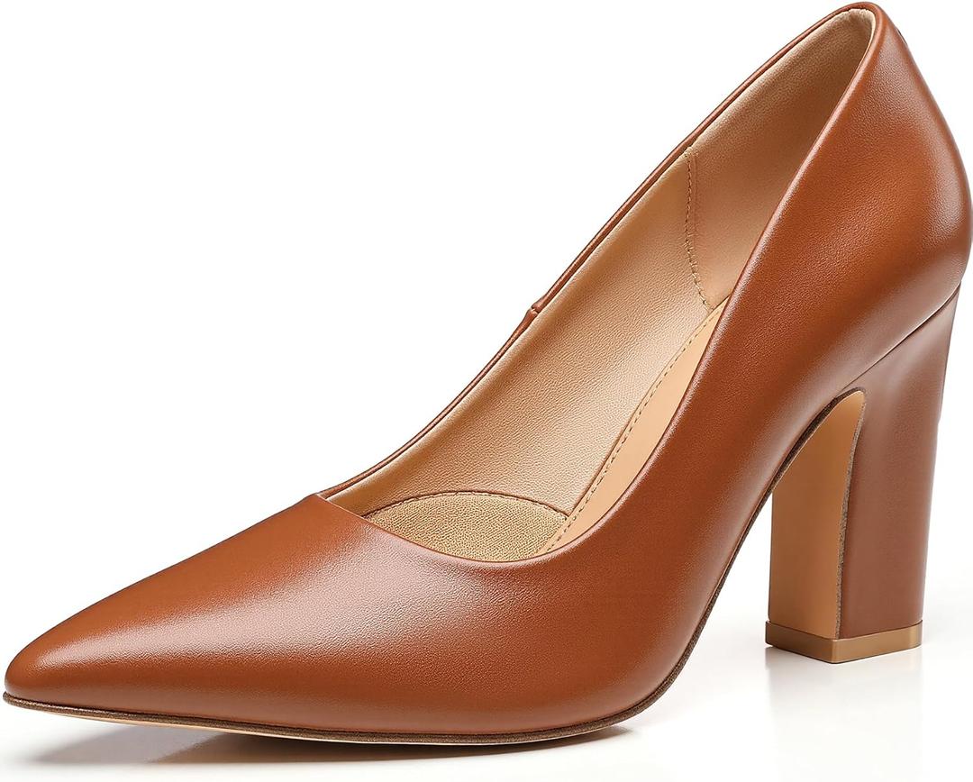 Trary Heels for Women Closed Pointed Toe Chunky Pumps Shoes Women Block High Heels Comfortable Slip-On Dress Office Party Wedding Shoes 3.54" Heel (7, Brown)