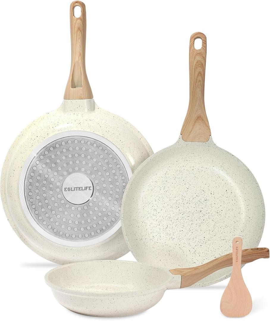 ESLITE LIFE Nonstick Ceramic Frying Pans Skillets Set, Non-Toxic Egg Omelette Kitchen Cooking Pans Compatible with All Stovetops (Gas, Electric & Induction), PTFE & PFOA Free (White) (8"+9.5"+11" Set)
