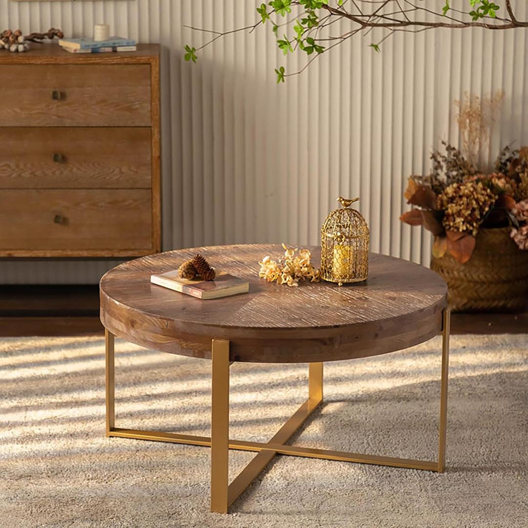 Round Coffee Table, Fir Wood Table Top with Black Cross Legs Base Rustic Retro Splicing Round Coffee Table for Living Room, Balcony, Yard, Apartment, Golden (33.86")
