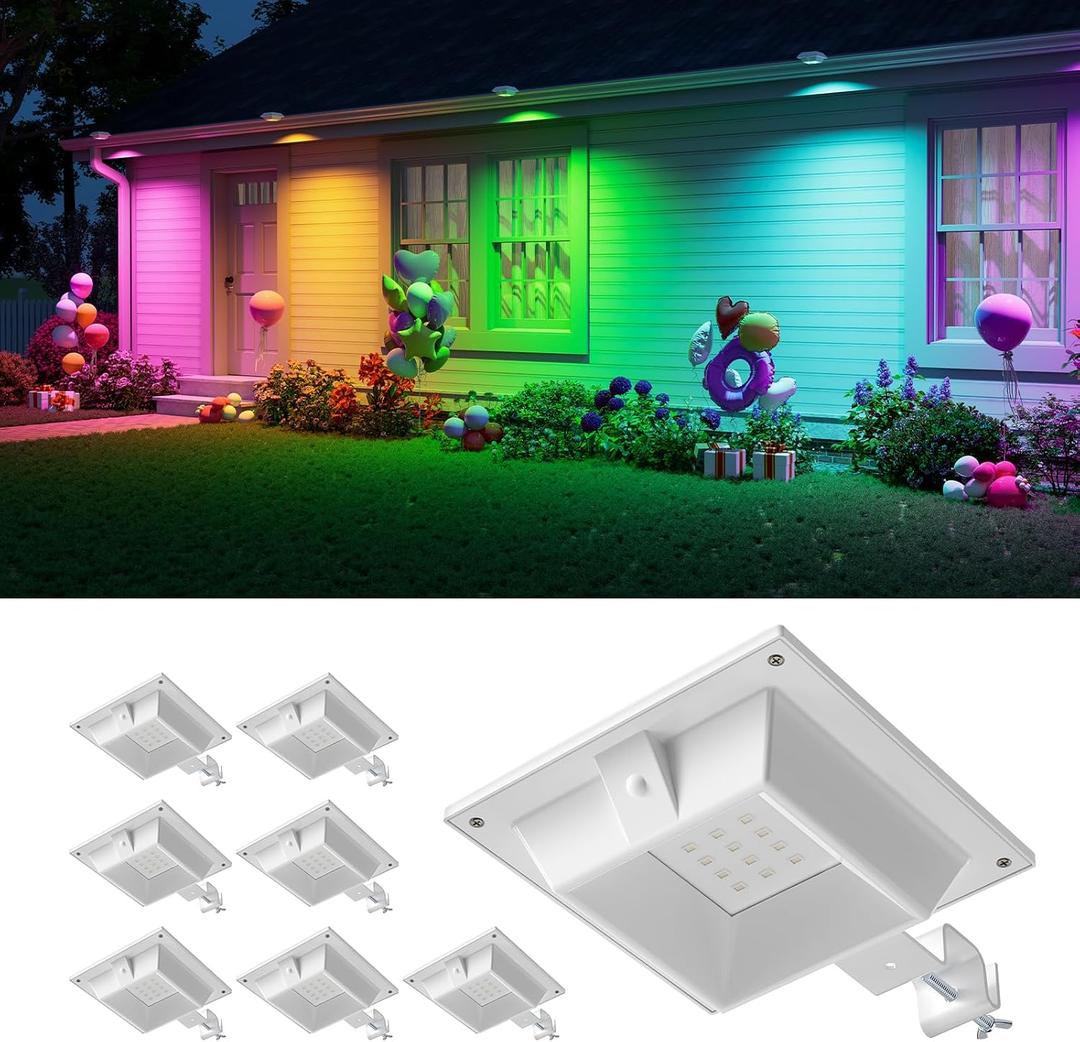 Color Changing Solar Gutter Lights Outdoor Waterproof 12 LED Clip On Gutters Light for Rainspout, Fence, Rail, Wall, Deck, Garden, Yard, Garage, Patio, Pool, Decoration to Create Memorable Moments (White Shell-8 Pack, RGB (Red, Green, Blue))