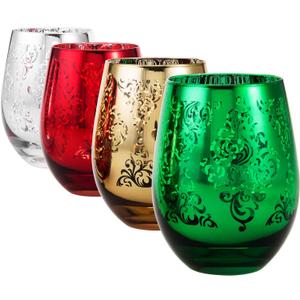 MyGift 4 Piece Stemless Glassware Set, Multicolor Wine Glasses with Etched Baroque Pattern in Mirror Plated Gold Silver Red Green Colors, 16 oz Capacity
