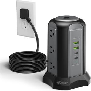 Power Strip Tower Surge Protector, SUPERDANNY Desktop Charging Station, 10 Ft Extension Cord, 9 Outlets, 4 USB Ports, 1080 Joules, 3-Prong, Grounded, Multiple Protections for Home, Office, Black