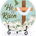 He Is Risen Easter Cross Decor Sign, White Flowers Round Wooden Signs With Stand, Religious Easter Decorations For Home Office Tabletop Shelf, Happy Easter Inspirational Gifts For Christians -02