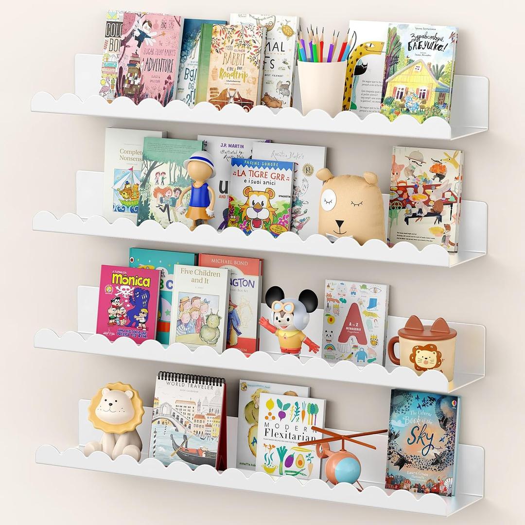 Floating Shelves for Wall, 23 Inch Metal Nursery Book Shelves 4 Pack, Wall Mounted Book Shelf for Kids Room, Bedroom, Bathroom, Playroom Decor White