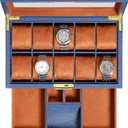 ROTHWELL 10-Slot Watch Box in Leather with Valet Drawer, Luxury Watch Case Display Organizer with Ultra Soft Microsuede Liner, Jewelry and Sunglass Holder With Large Glass top (Blue/Tan)