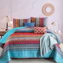 WONGS BEDDING Bohemian Quilt Set King Size, Boho Striped Printed Quilts Bedspread Set for All Seasons, Lightweight Microfiber Coverlet Bedding Set with 2 Pillowcases 104"x90" (3 Pieces, Colorful) (Blue Red)