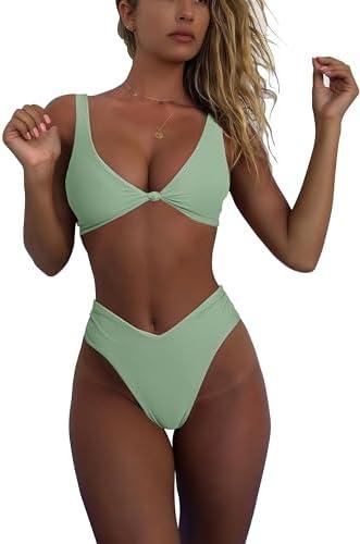 geluboao Bikini Set for Women Solid V Neck Knot Front Push Up High Leg Thong Two Piece Swimsuit Size XS