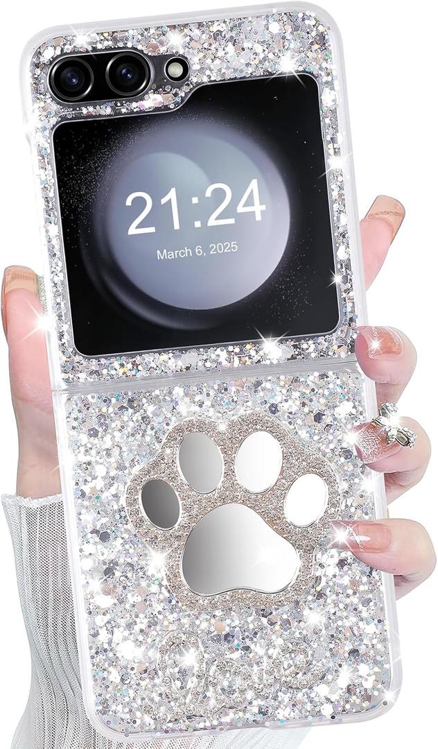 DAKORIE Galaxy Z Flip 5 Case Glitter Love Paw Mirror Flip Protective Cover for Samsung Galaxy Z Flip 5 2023 5G for Women Girl - Paw