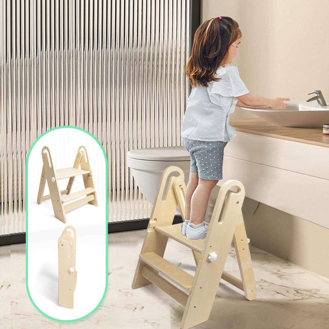 WOOD CITY Step Stool Foldable for Toddlers, Adjustable Kids Step Stool for Bathroom Sink Toilet Potty Training Stool with Handles Child Kitchen Counter Stool Helper Montessori Kitchen Stools (Natural)