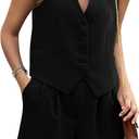 PRETTYGARDEN Women Summer 2 Piece Outfits V Neck Sleeveless Button Down Vest Shorts Sets Business Work Matching Set 2026, Size L