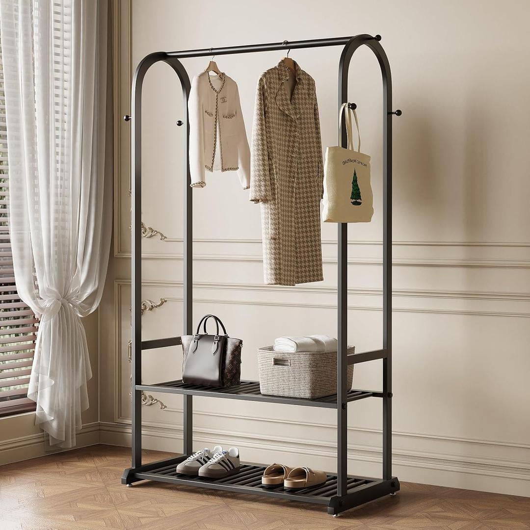 Black Clothing Rack,Heavy duty clothes rack with 2-tier Bottom Shelves, Garment Rack with 6 Side Hooks for Hanging Clothes, Coats, Shirts (black, 31.5in)