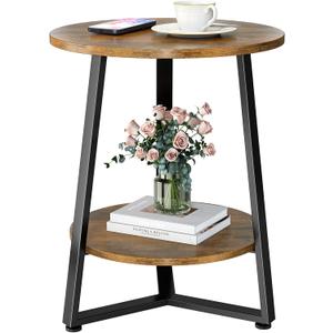 Round Side Table, 2-Tier Small End Table with Storage Shelf, Ultra Stable Coffee End Table/Nightstand, Modern Farmhouse Couch Table for Living Room, Bedroom, Bedside Stand or Small Spaces, Brown, 1 Pcs
