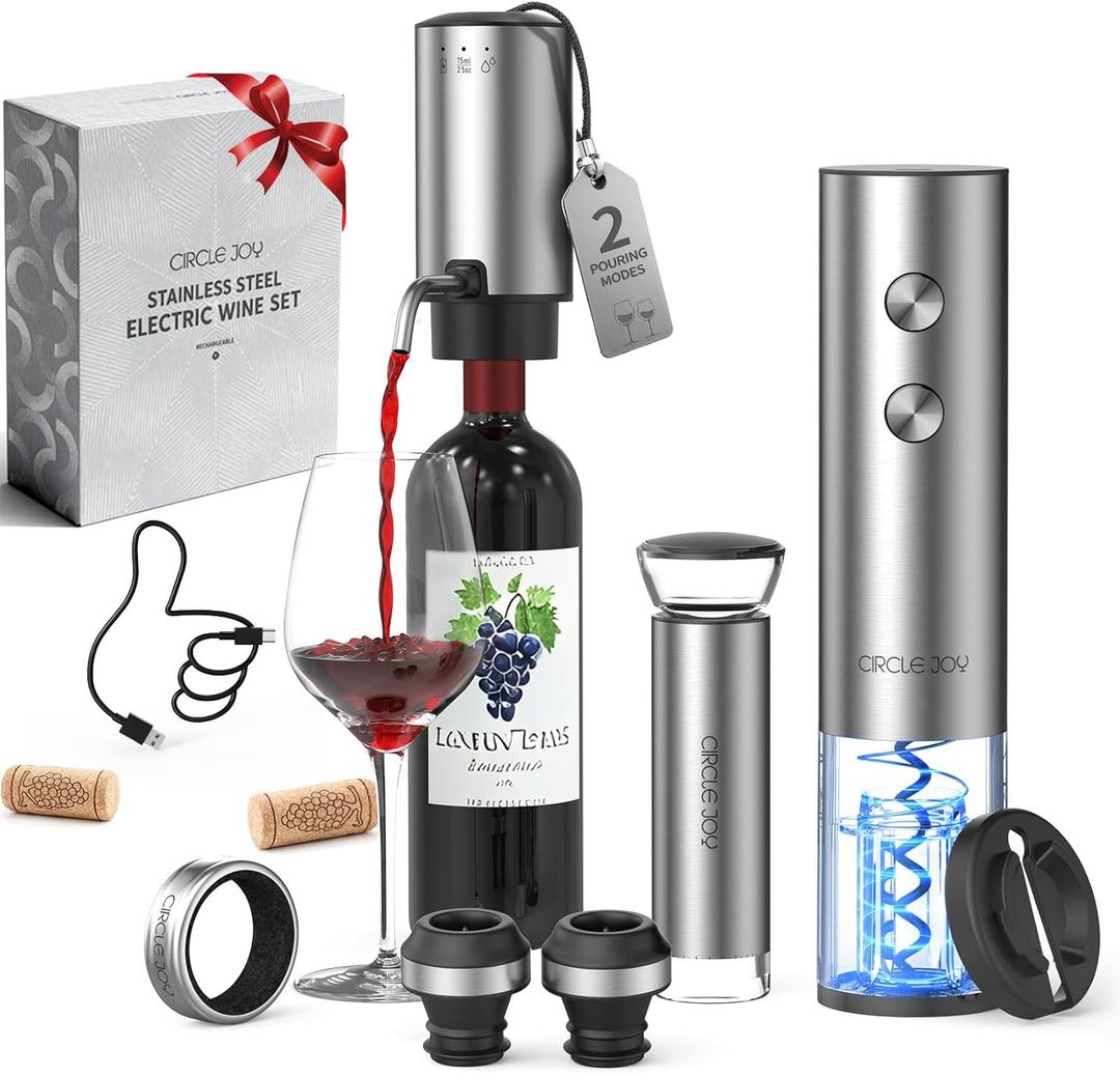 CIRCLE JOY Rechargeable Electric Wine Opener Set 8-in-1 Stainless Steel Automatic Wine Bottle Opener Gift Set w/Electric Wine Aerator Pourer, Foil Cutter, Wine Drip Ring, Vacuum Pump & 2 Wine Stoppers