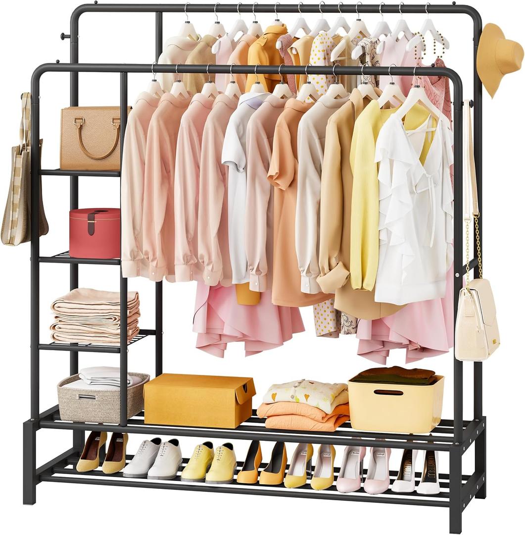 JOISCOPE 47'' * 67'' Heavy Duty Clothes Rack, Double Rods Clothing Racks for Hanging Clothes, Garment Rack with 5 Tier Closet Shelves & 4 Hooks for Clothing Storage, Metal Black Clothing Rack