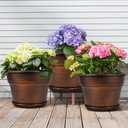 Plant Planters Pots Set of 4 Pack 8 Inch, Plastic Flower Pot For Indoor Plants With Drainage Holes & Trays, Resin Decorative Container Sets With Saucer For House Outdoor Garden Planters Copper