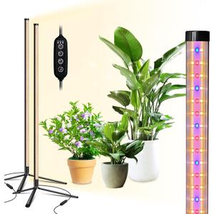 Standing Grow Light, 42W Full Spectrum Vertical, 4FT Timer, 2 Pack | 243 LEDs with 3 Spectrums, 3/6/9H Auto Timer, 120 Coverage for Tall Houseplants, Tripod with Hanging & Wall Mount Kit