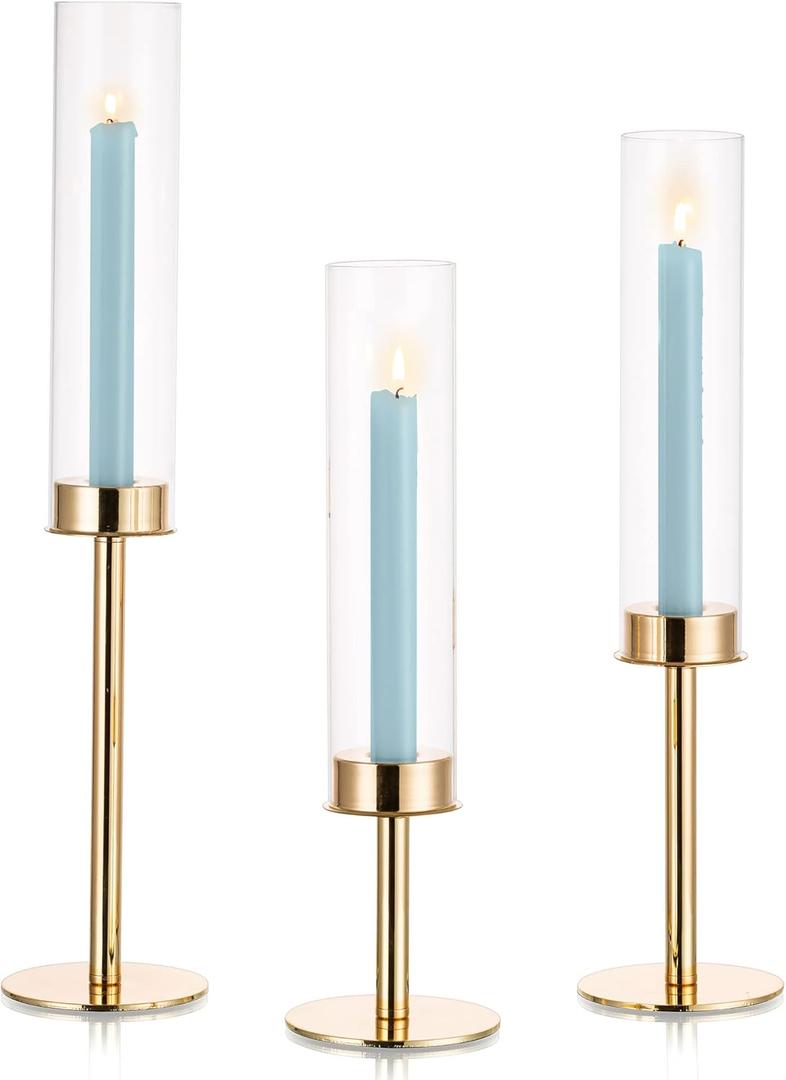 Gold Candle Holders for Candlesticks: Hurricane Taper Candle Holders with Removable Glass Tall Brass Candlestick Holders Candle Sticks Long Holder for Table Centerpiece Home 3Pcs