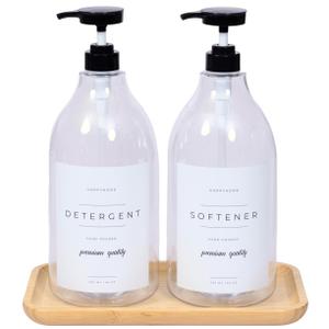 Laundry Detergent Dispenser - Fabric Softener Liquid Dispenser for Laundry Room - 64oz Plastic Soap Dispenser &Bamboo Tray - Set of 2