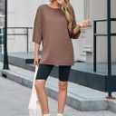 Oversized Tshirts for Women 3/4 Length Sleeve Casual Workout Tops Loose Fit Gym Shirts Side Slit Basic Tees Tunic (Brown, S)