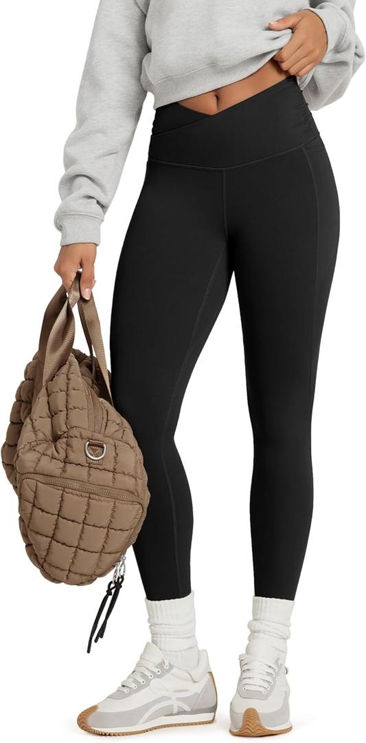 ODODOS Cloud Feeling Gathered Cross Waist Leggings with Pockets for Women 25" / 28" Crossover Lounge Yoga Pants (Medium, Black)
