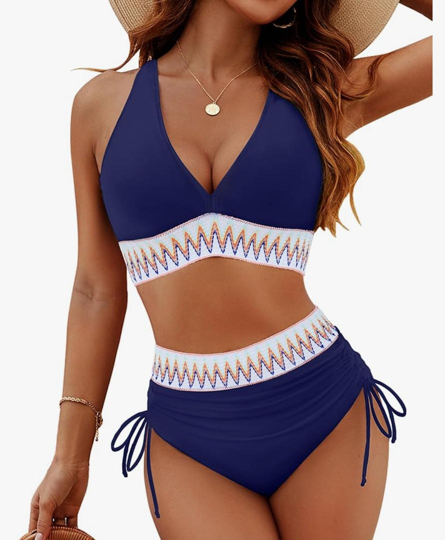 Blooming Jelly Women High Waisted Bikini Sets Tummy Control Swimsuits Color Block Two Piece Drawstring Bathing Suit Size Medium