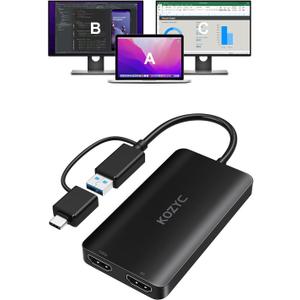 KOZYC USB 3.0 to HDMI Splitter Extended Display Dual Monitors, USB 3.0-A/C to Dual HDMI Adapter 4K@30Hz+1080p@60Hz Compatible MacBook/MacBook Pro Air Dell (MST Support MacOS/Windows)