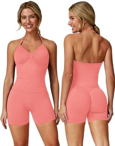 ABOCIW Workout Sets for Women 2 Piece Seamless Impact Longline Strappy Top Scrunch Butt High Waist Biker Shorts Gym Set , M