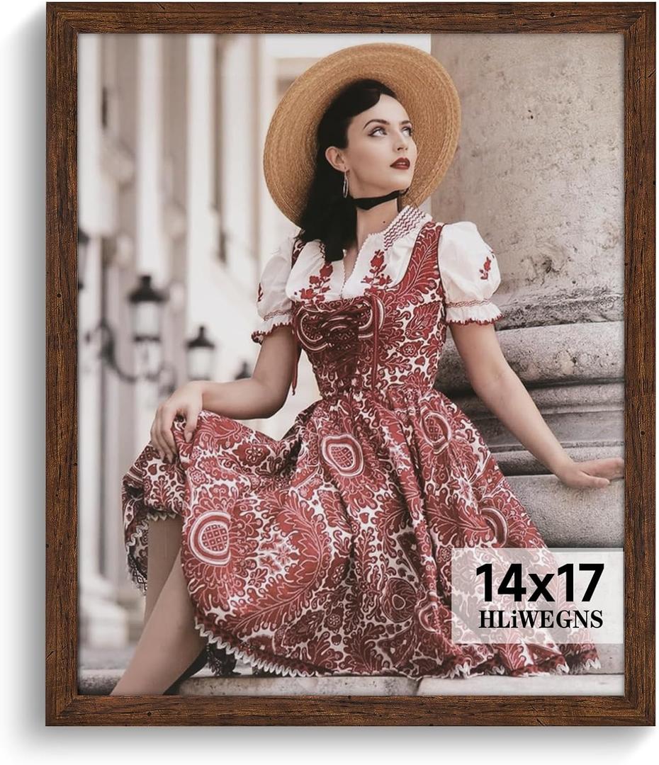 HLiWEGNS Dark Brown 14x17 Frame -Single Frame - Rustic Woodgrain 14 x 17 Poster Frame with Plexiglass for Wall Gallery Display, 14x17 Picture Frame for Puzzles, Artwork, Photos and Posters