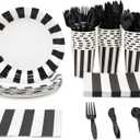 BLUE PANDA 144 Piece Black and White Party Decorations - Serves 24 Striped Party Supplies with Plates, Napkins, Cups and Cutlery for Birthday, Graduation - Emo Birthday Decorations
