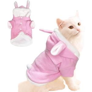 ANIAC Bunny Ears Cat Costume Plush Dog Hoodies with Pocket Sweater Cute Kitten Cat Clothes Warm Rabbit Ears Outfit with Hood for Small Dog Cat and Puppy (Pink-2, X-Small)