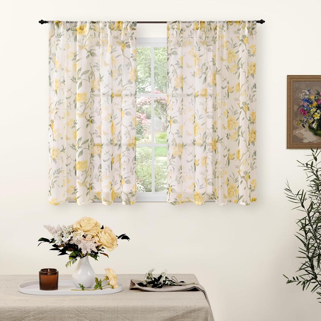 Sheer Curtains 45 Inch Length 2 Panels Set, Floral Patterned Linen Look Semi-Sheer Light Filtering Short Farmhouse Curtains for Bedroom Window, Rod Pocket, Yellow, Each 52 Inch Wide