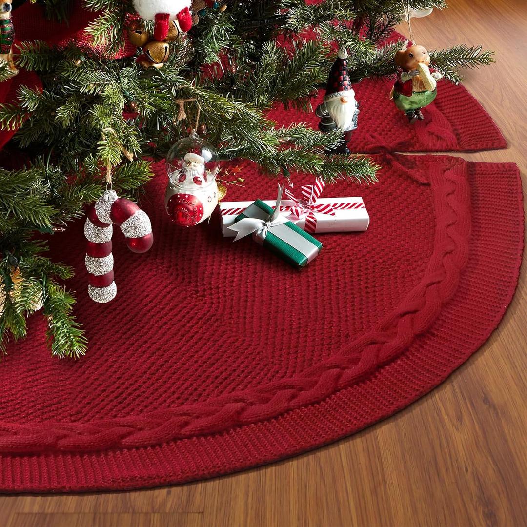 Knitted Christmas Tree Skirt 48 inches - Red Cable Knit Christmas Tree Skirt - Thick Rustic Farmhouse Christmas Tree Skirt Decorations - Xmas Holiday Home Party Decor(Burgundy)