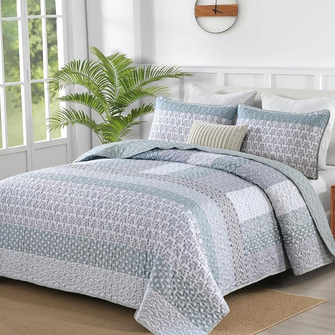 WONGS BEDDING Green Quilt Queen Size, Bohemian Stripe Quilt Sets 3 Pieces Boho Quilted Bedspread Set Lightweight Microfiber Coverlet Bedding Set All Season (96"x90")
