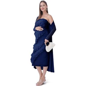 SUNNYBUY Elegant 2 Piece Maternity Dress with Mesh Cardigan, Strapless Ruffle Maxi Gown Cocktail Dresses for Baby Shower (Blue, M)