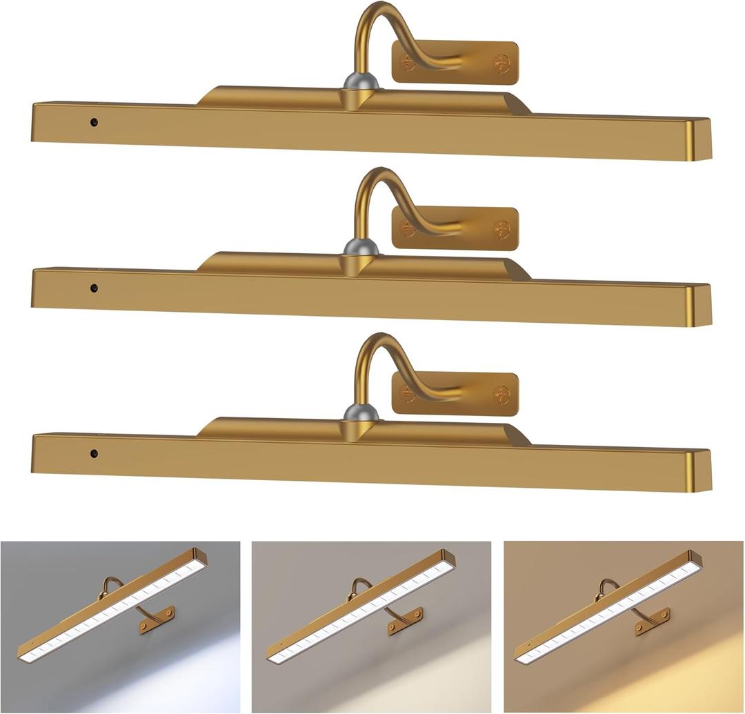 Picture Light Battery Rechargeable, 3Pack Picture Light for Wall with Remote, 3 Color Modes and Dimmable Classic Art Lights for Paintings, Pictures in Gallery, Bedroom, Bathroom with Timer Brass