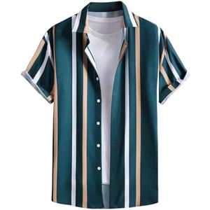 OYOANGLE Men's Color Block Striped Print Short Sleeve Button Up Casual Shirt, Medium, Navy Blue White
