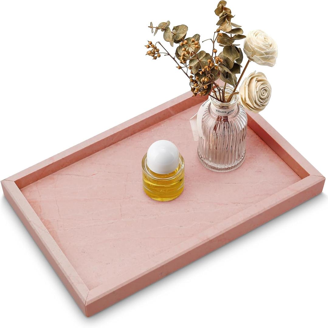 Real Natural Marble Tray for Bathroom, Vanity, Kitchen and Desktop, Rectangle Genuine Marble Stone Tray for Jewelry, Cosmetics, Candles, Lotion, Perfume and Home Decor (12" x 8" x 1.2", Pink)