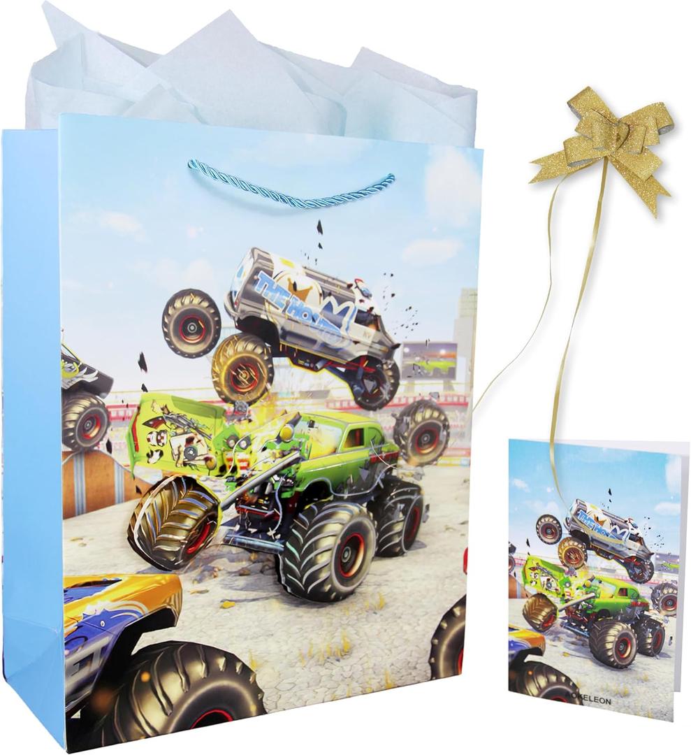 5 x AOKELEON 12.6" Large 3D Monster Truck Gift Bag with Tissue Paper, Greeting Card and Pull Bow for Boys' Birthday, Kids' PartiesBaby ShowersShopping and Party Supplies (Monster Truck)