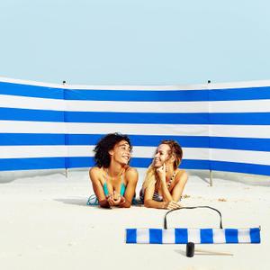 Beach Wind Screen 15.7ft Wind Blocker Beach Barrier Blue White Privacy Screen with Wooded Poles Mallet and Bag for Outdoor Summer Vacation