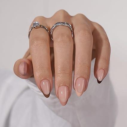 BTArtbox French Tip Press On Nails, Short Almond Supremely Fit & Natural Glue On Nails with Nail Glue, Reusable Stick On Nails in 16 Sizes - 32 Soft Gel Fake Nails Kit, Morning Coffee